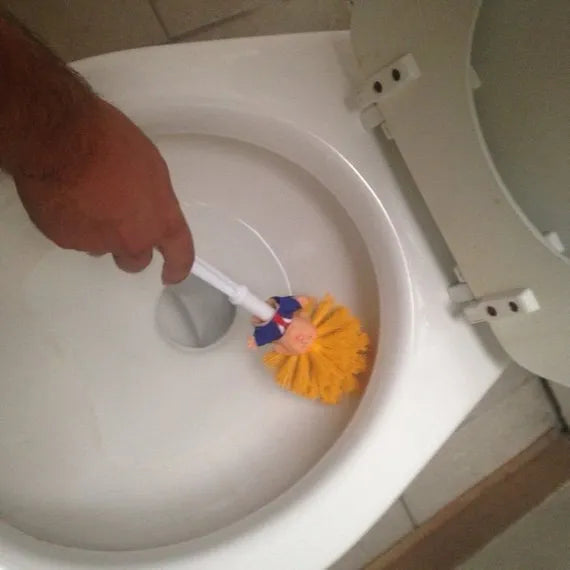 Yellow plastic Donald Trump toilet brush with 40cm length and hanging slot