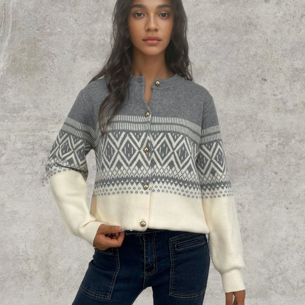 Women's grey alpaca wool sweater with diamond knit pattern and contrast colour panels