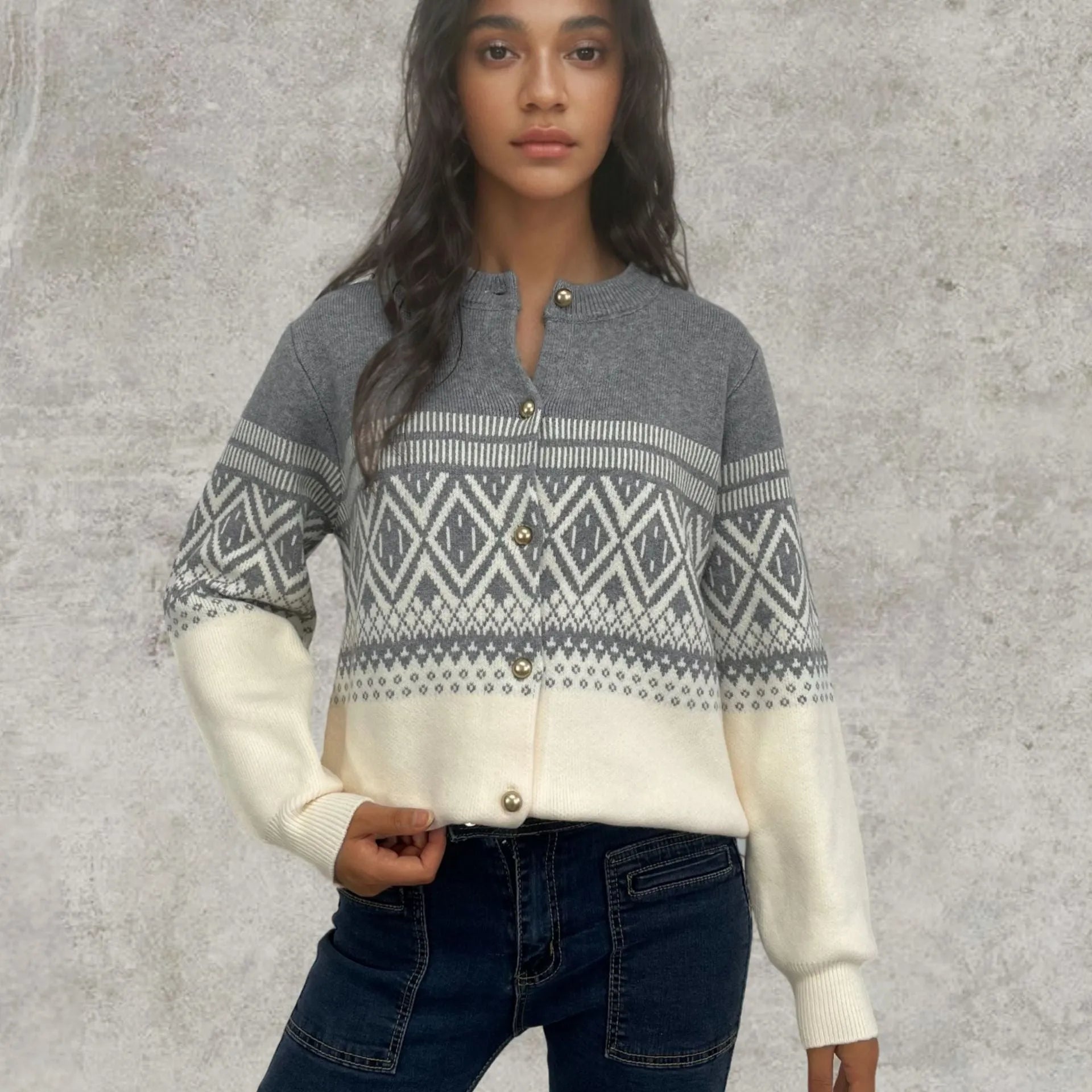 Women's grey alpaca wool sweater with diamond knit pattern and contrast colour panels