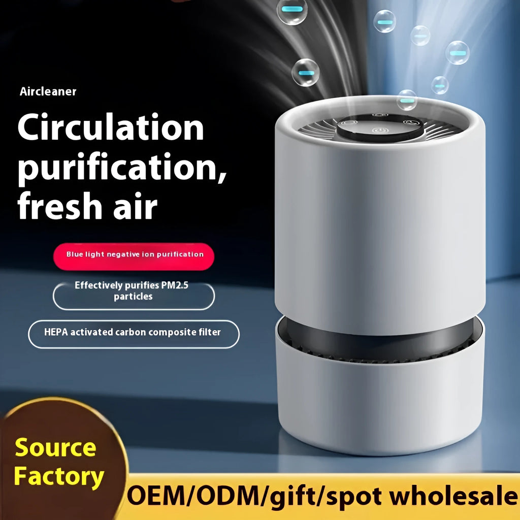 White desktop air purifier with USB cable for small room air cleaning