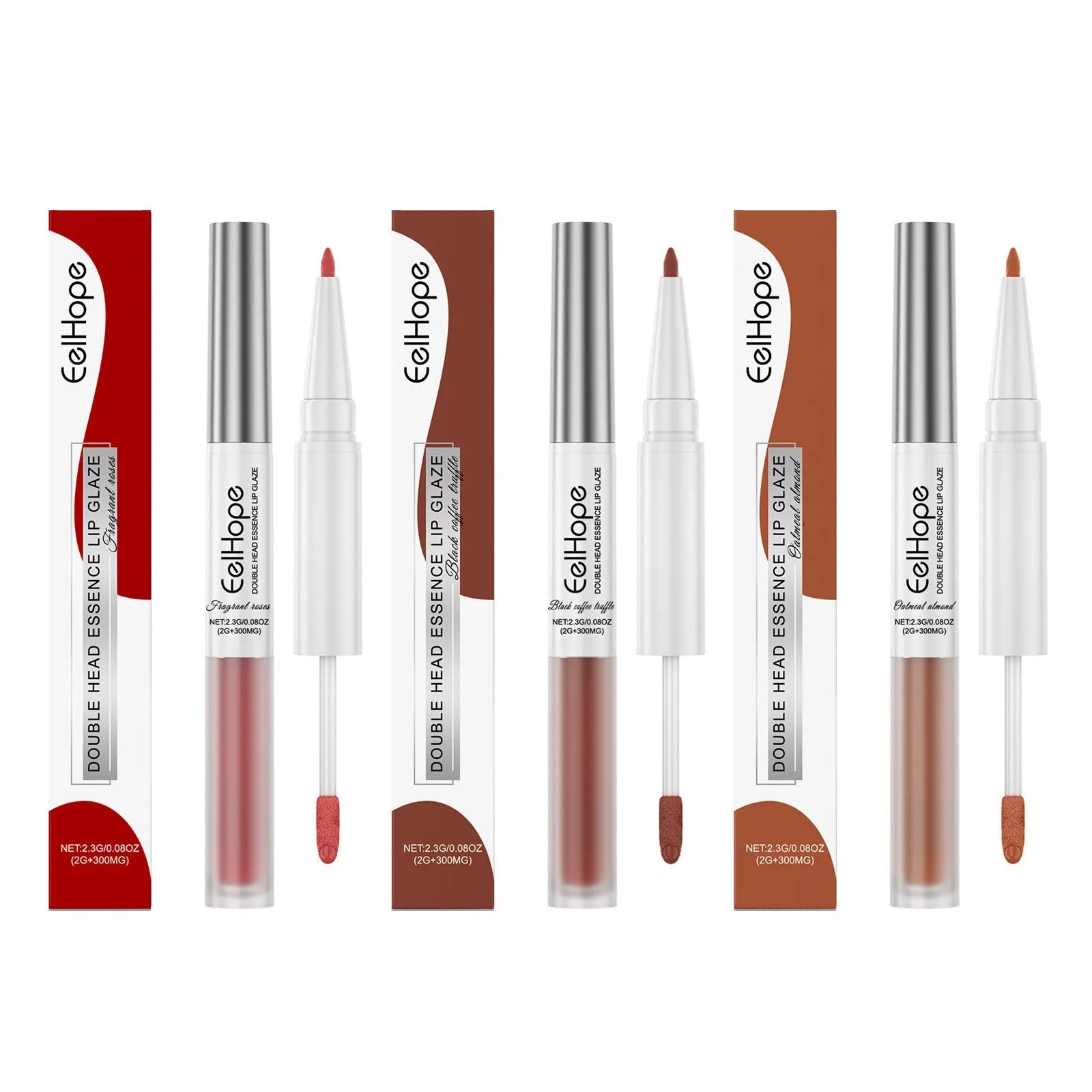 Double-headed lip liner and lip lacquer pen makeup tool showing colour options.
