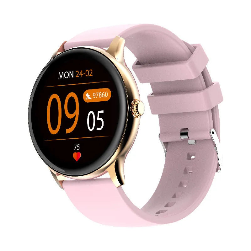 Black smartwatch with circular screen displaying health stats, on a silicone strap.