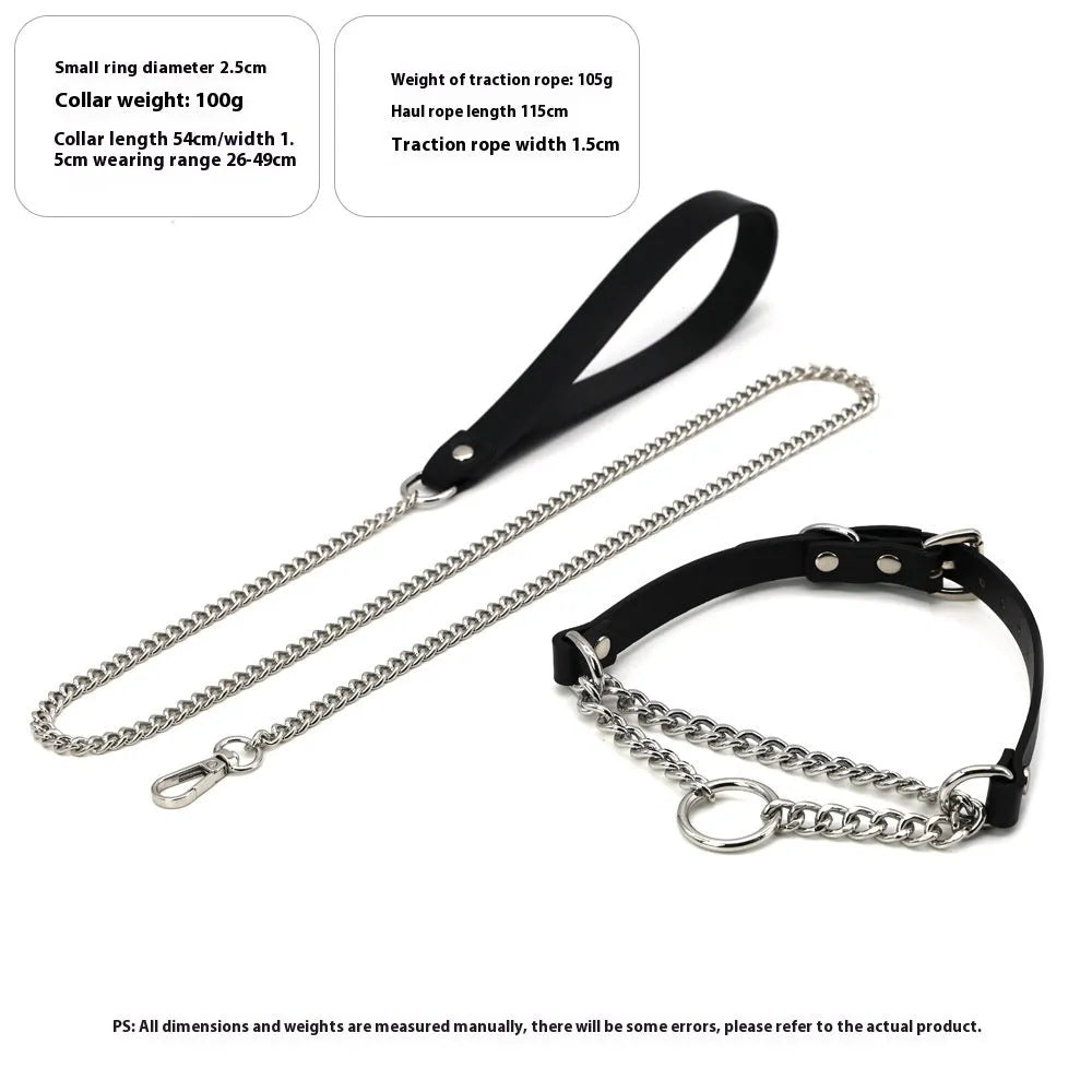 Black leather dog collar and leash set with tightening chain and hand grip rope