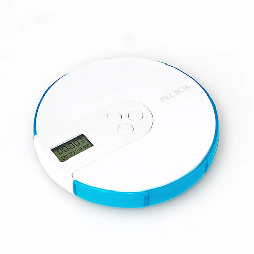 Blue 7-day pill organiser with digital alarm clock display and timer buttons