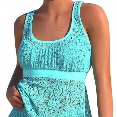 Women's conservative two-piece swimsuit set with hollow back in solid colour.