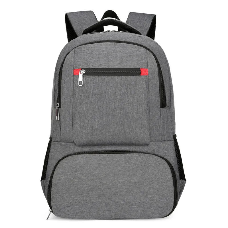 Insulated Oxford cloth backpack in light grey showing compartments and curved shoulder straps.