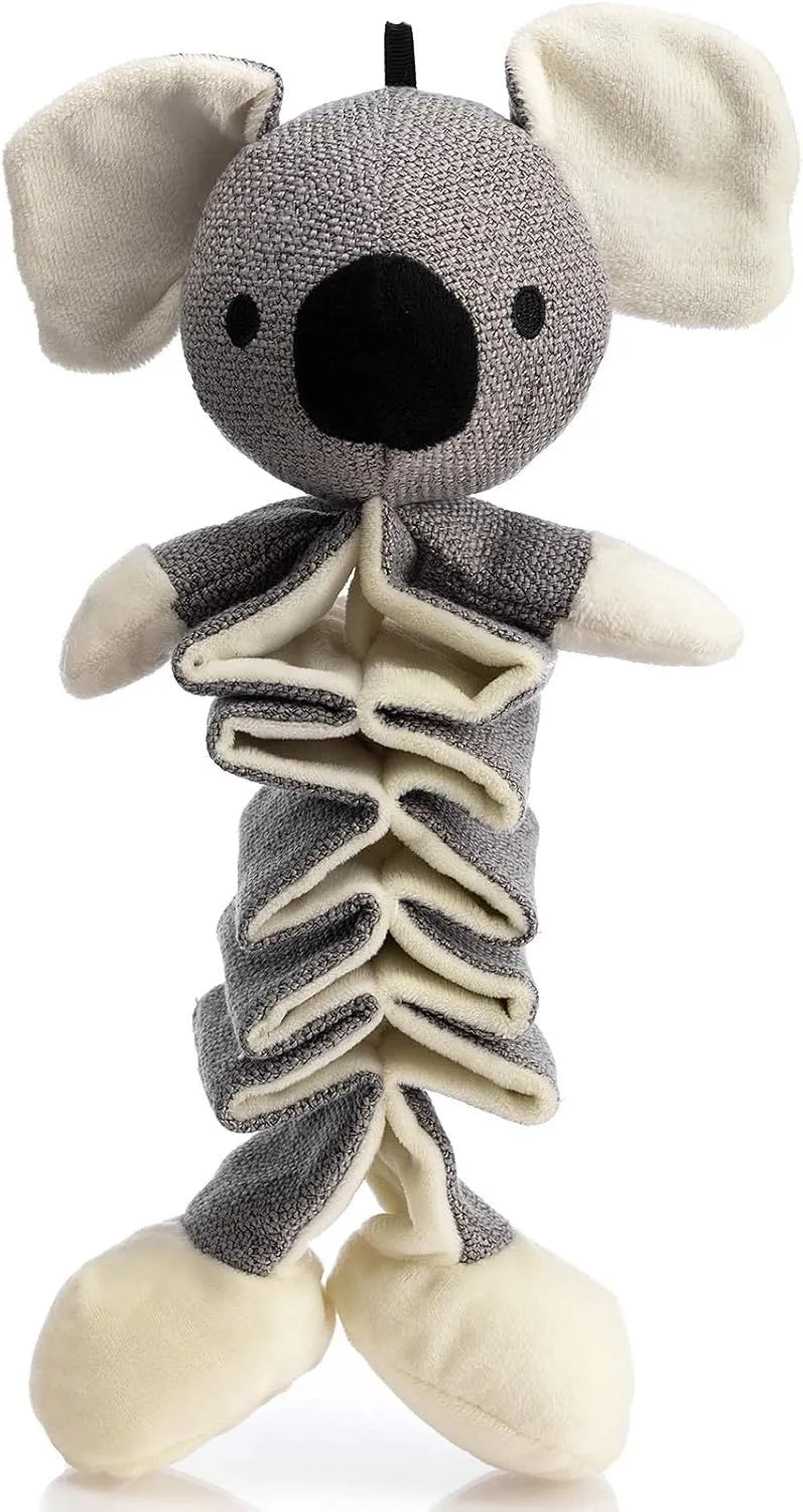 Grey koala-shaped dog toy measuring 30cm long with soft plush limbs.