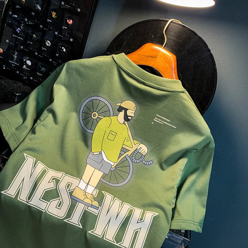Green men's loose fit t-shirt with a literary design print on the front.
