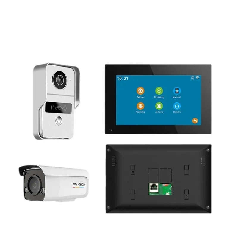 1080P wireless video intercom doorbell system with outdoor camera and indoor monitor on a 10-inch display.