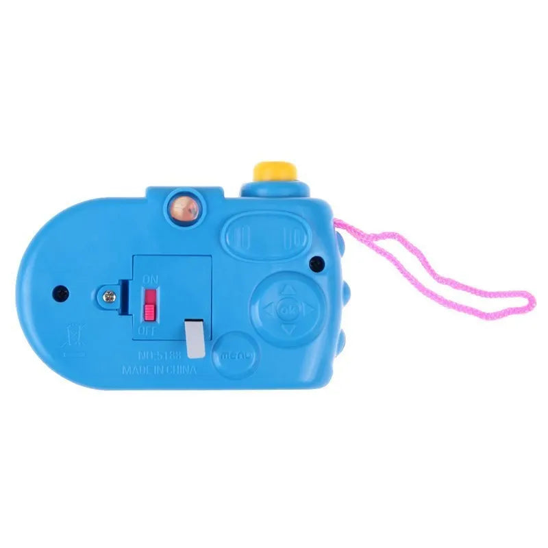 Children's plastic projection camera toy showing animal images including dinosaurs and dolphins