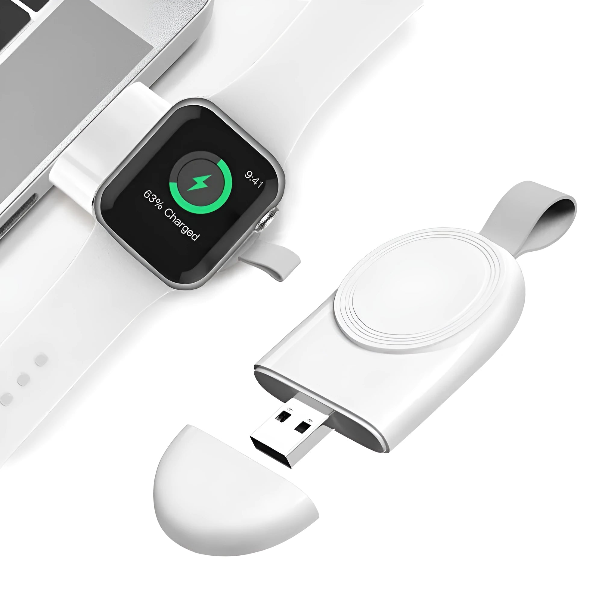 Portable white Apple Watch wireless charging dock with USB cable