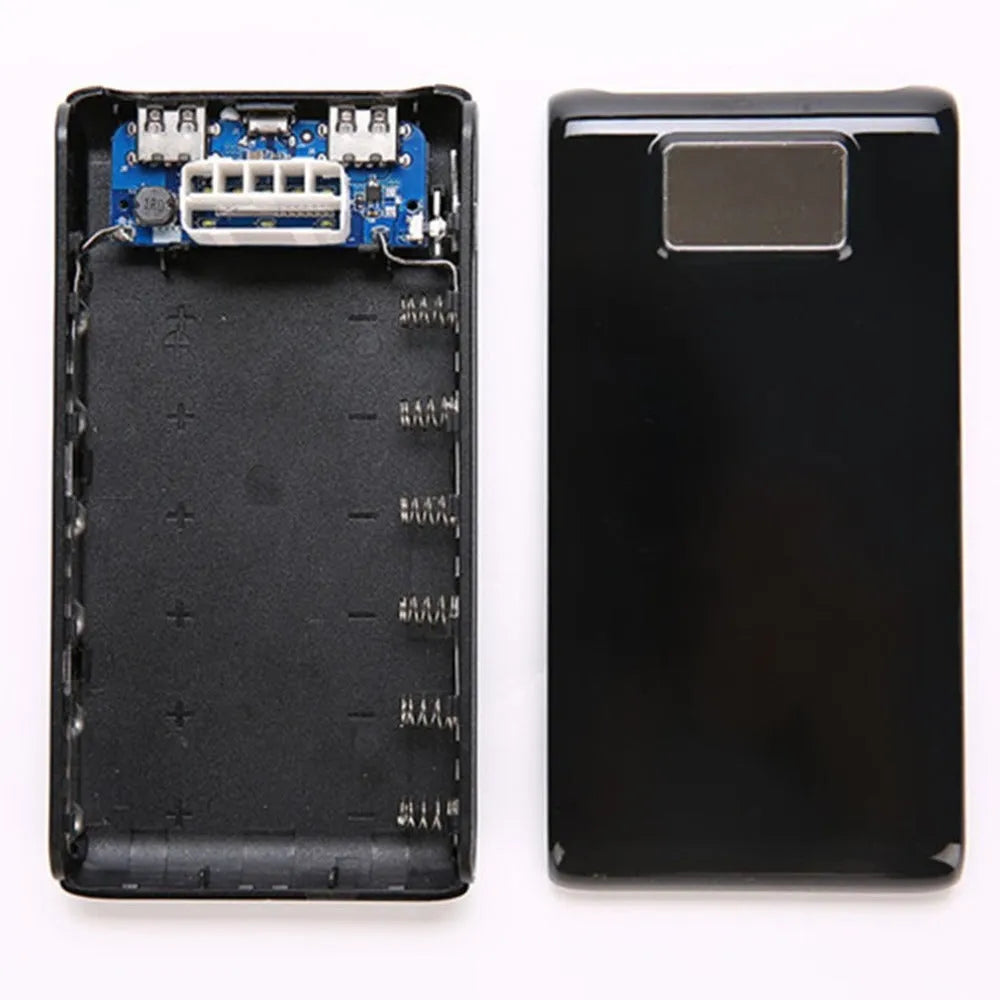 18650 DIY charging bank case kit showing front with ports and internal battery compartments for six cells
