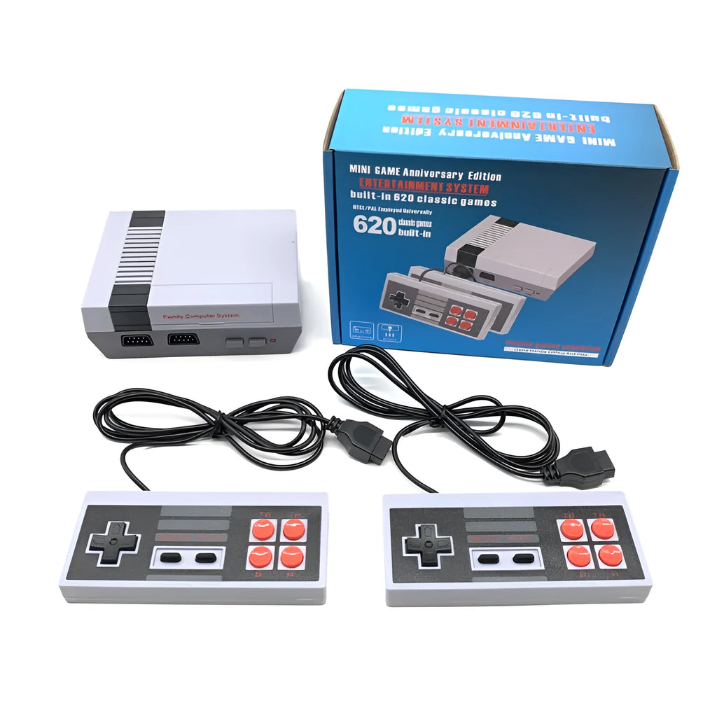 Compact black NES 620 retro game console with two rectangular controllers on a white background.