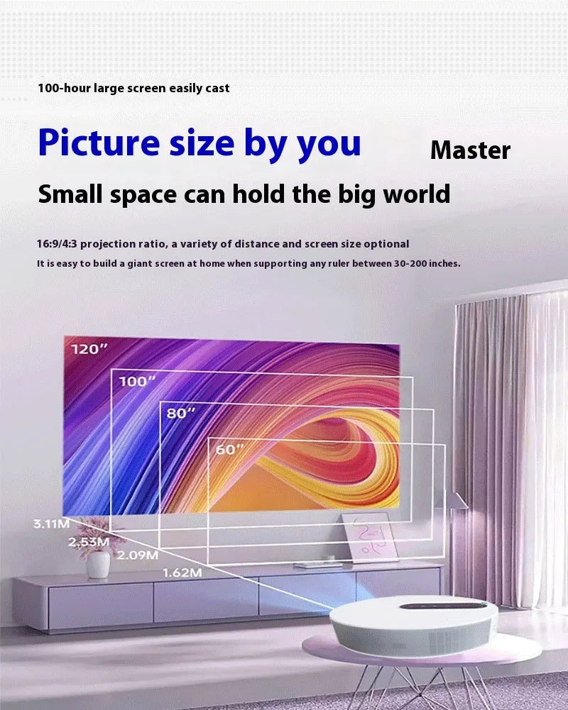 White HD projector unit with remote control on a table for home cinema use.