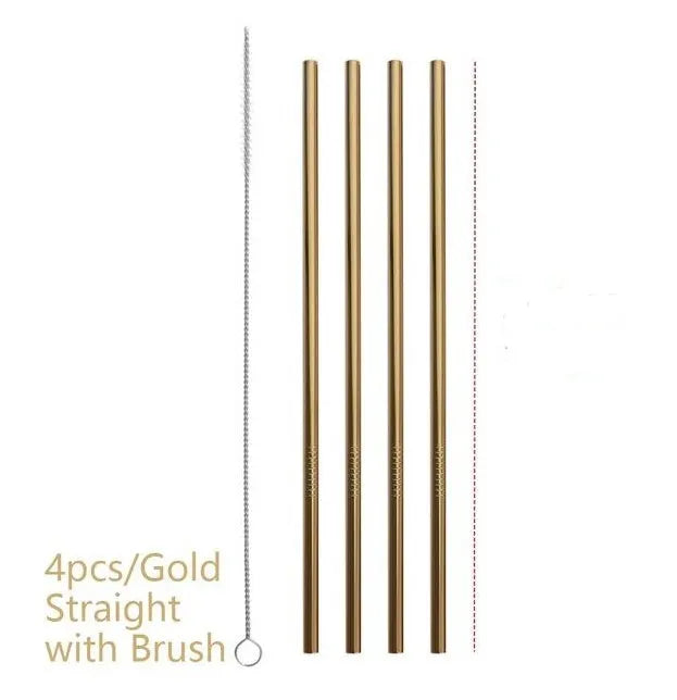 Stainless steel reusable straw set showing straight and bent styles in different diameters with cleaning brush