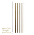 Stainless steel reusable straw set showing straight and bent styles in different diameters with cleaning brush