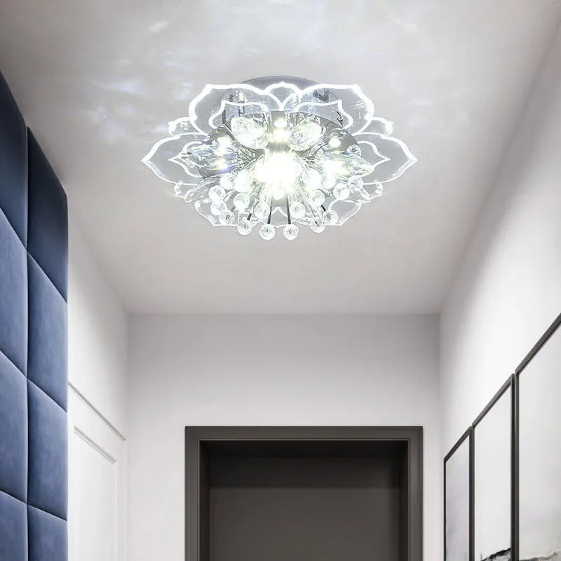 Modern crystal ceiling lamp with flower-shaped acrylic shade and stainless steel fittings