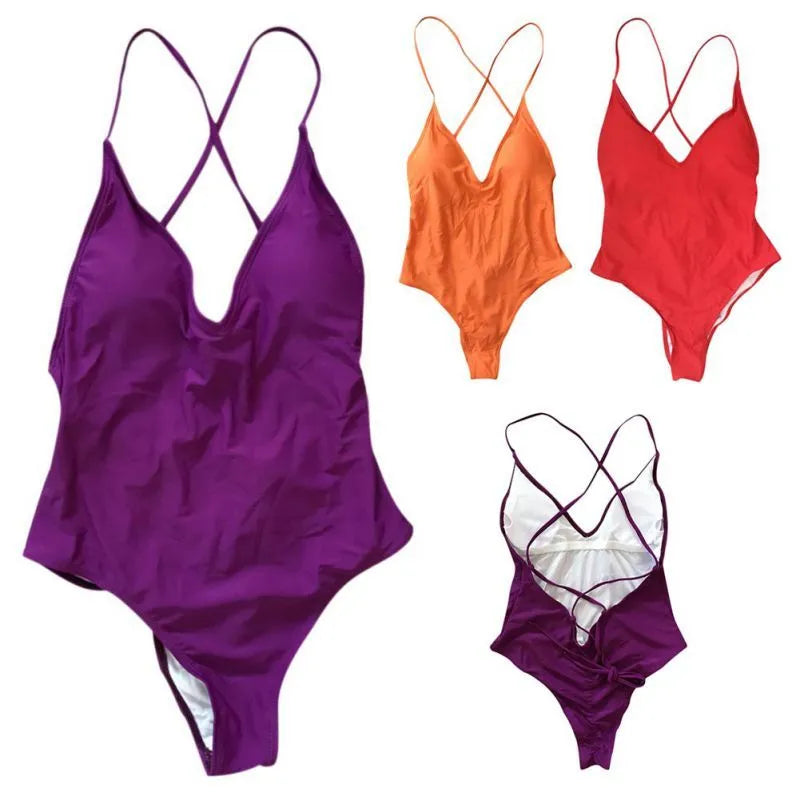 Solid colour siamese bikini for women in eight colours including black, blue, red, yellow, and orange, sizes S to XXL