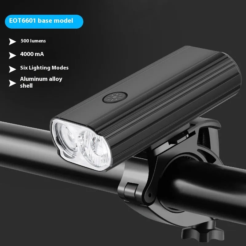 Aluminium alloy bicycle headlight with USB Type-C charging port, shown with quick-release handlebar mount.