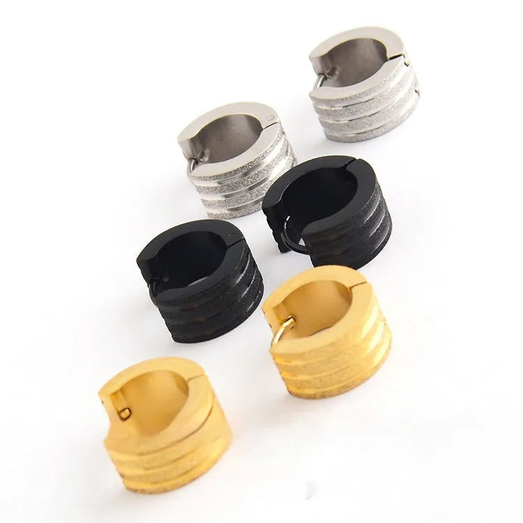 Korean style geometric earrings with frosted finish in titanium steel, showing three-line design