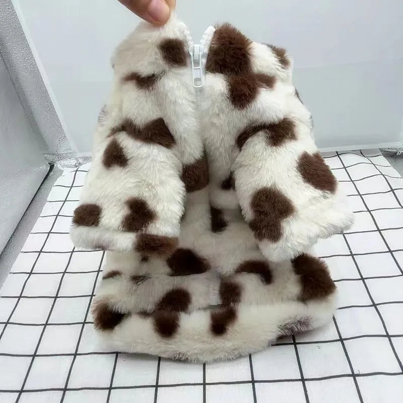 Polyester plush warm coat for small dogs in pink and brown colours with size tags from XS to 2XL