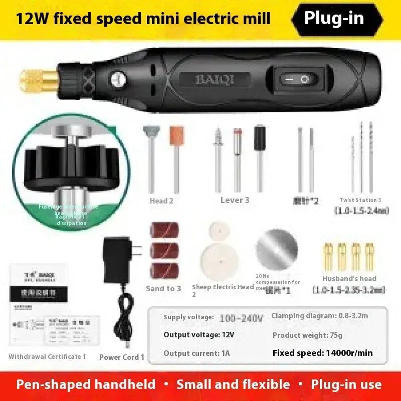 Small handheld electric right angle grinder and polishing machine with a 12W motor.