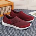 Summer walking shoes with mesh upper, flat heel, and Velcro fastening in black, grey, blue, or wine red.