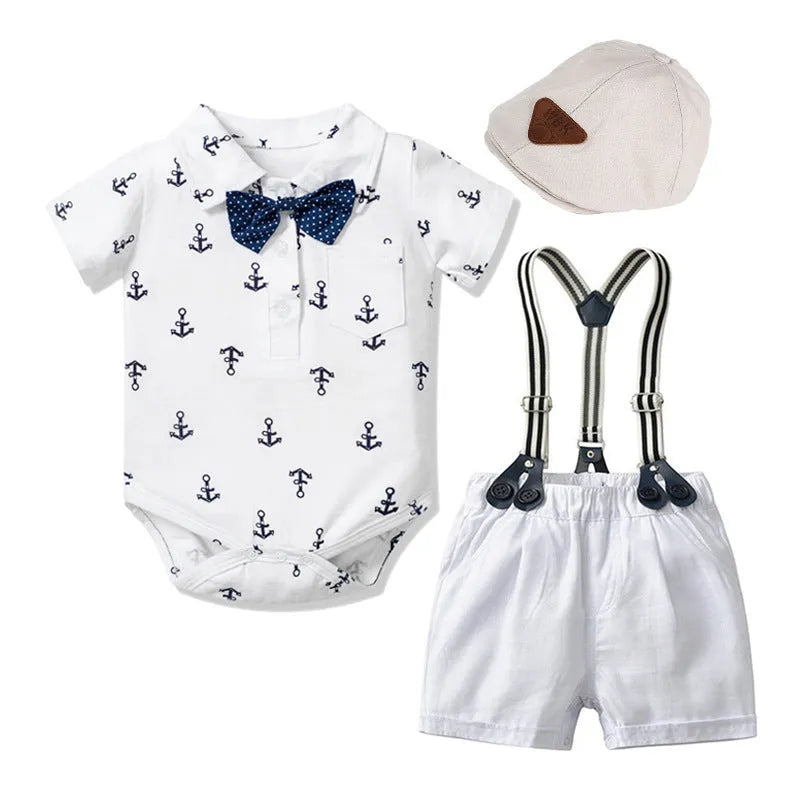 Blue cotton baby boy romper with gentleman print and short sleeves.