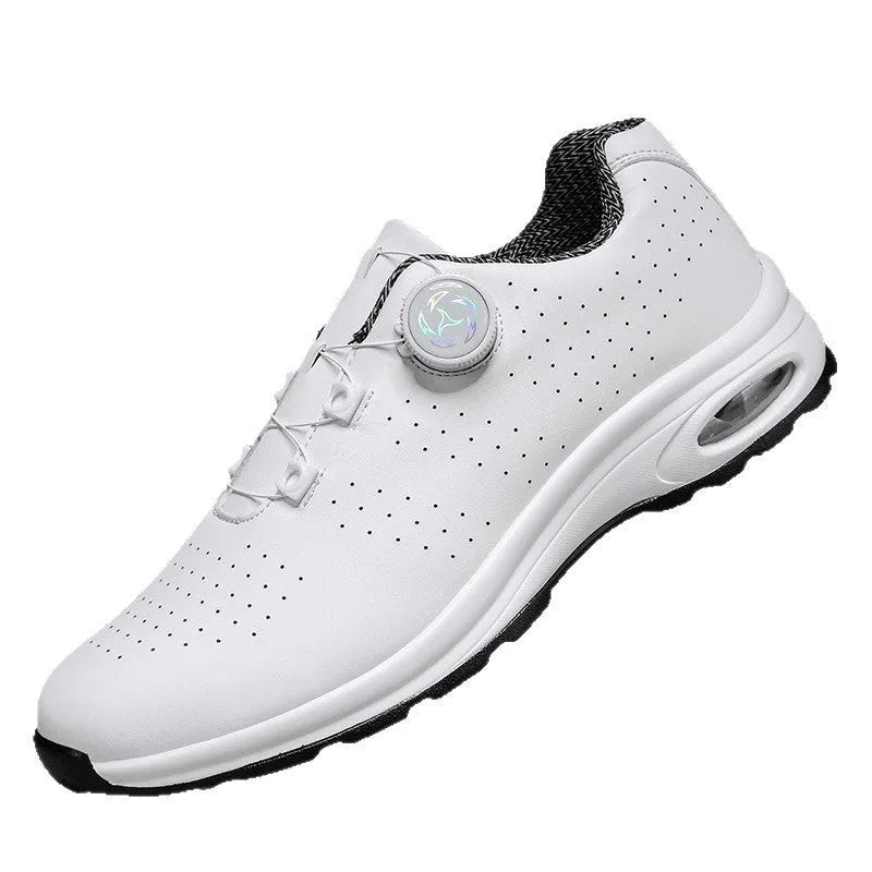 Men's low top black mesh casual shoes with white composite sole and cross shoulder straps.