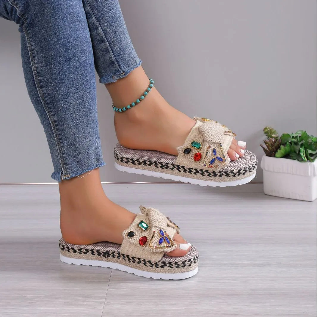 Women's creamy-white platform sandals with beach bow decoration and cloth upper