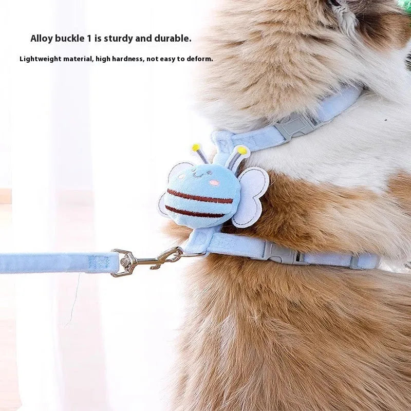 Adjustable bee shape cat harness and leash set in blue colour for outdoor pet walking