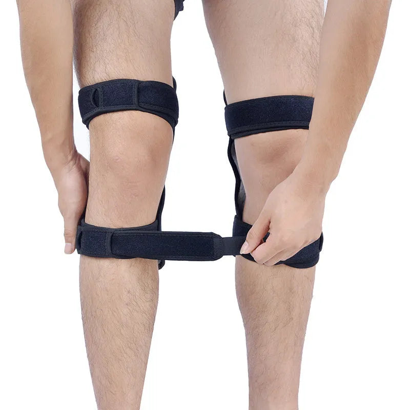 Black spring knee brace with adjustable straps, shown on a knee, for mountaineering and sports support.