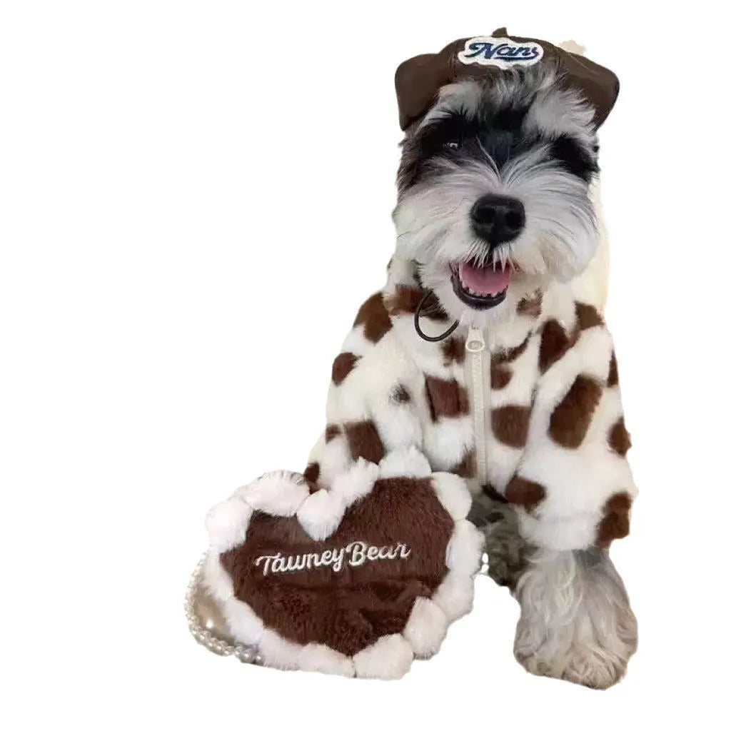 Polyester plush warm coat for small dogs in pink and brown colours with size tags from XS to 2XL