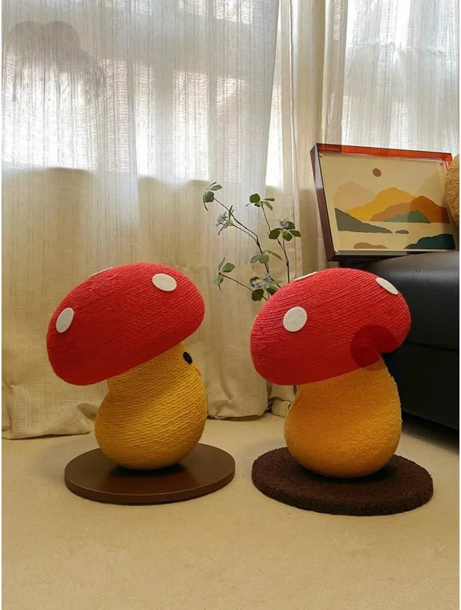 Foldable mushroom-shaped cardboard cat scratcher and lounge pad on a carpet