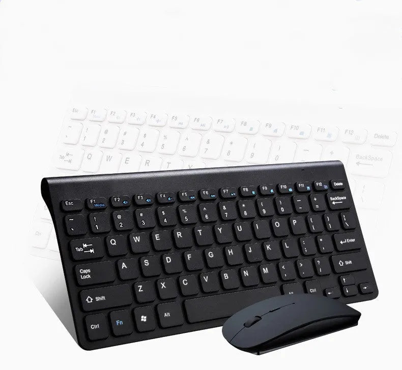 Black and white wireless keyboard and mouse set with USB receiver on a wooden desk.
