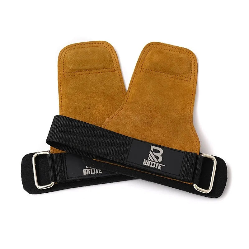 A pair of brown wristband hand protectors for pull-up and bar fitness exercises.