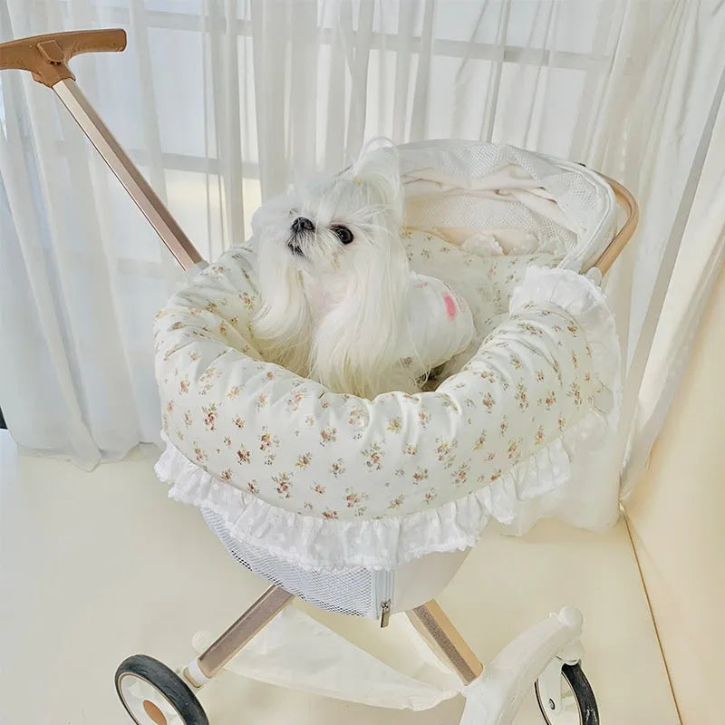 Pure cotton pet stroller cushion set showing removable towel, cushion, and pillow in floral pattern