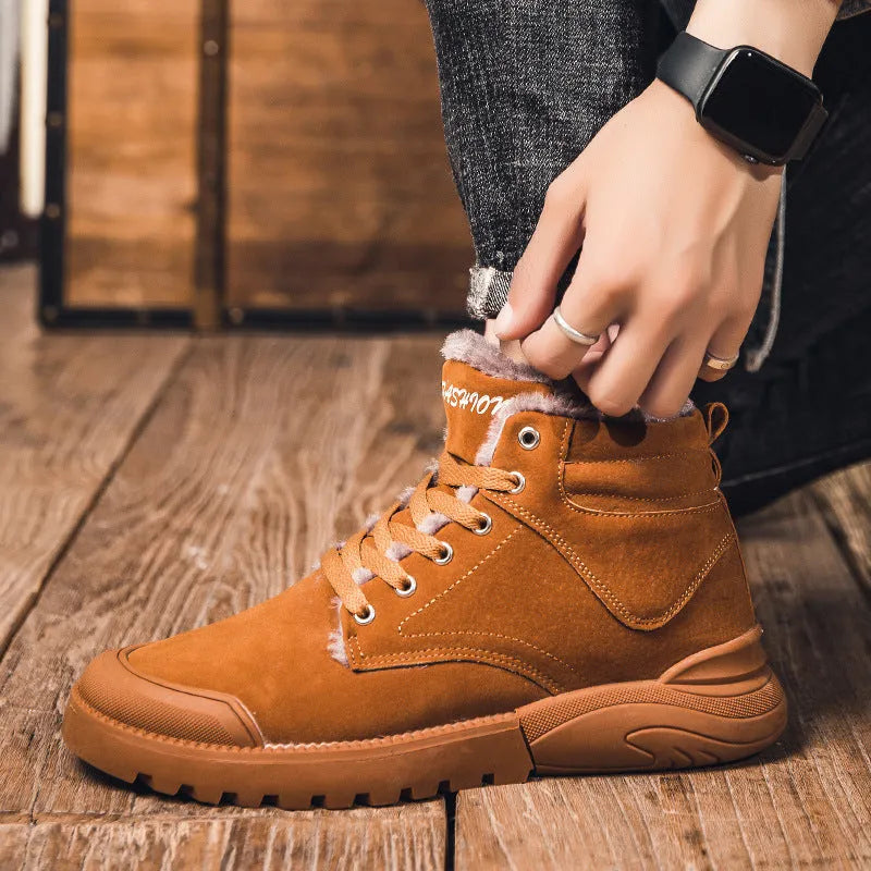 Men's winter warm plush ankle boots with suede upper, rubber sole, round toe, and front tie closure, available in multiple colours