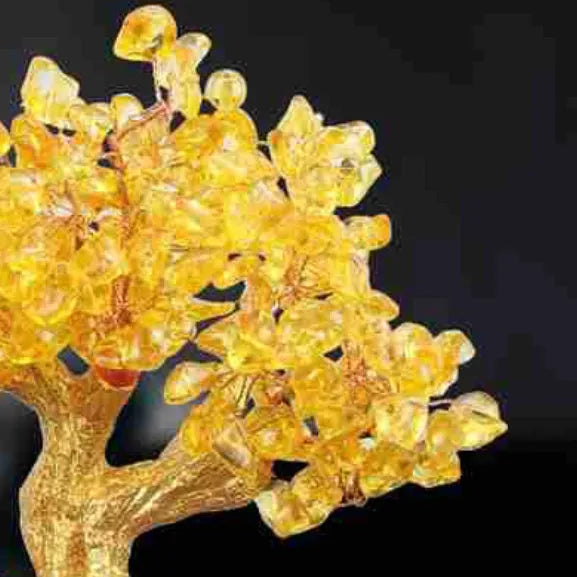 Citrine coloured resin turtle money tree Chinese style ornament on display.