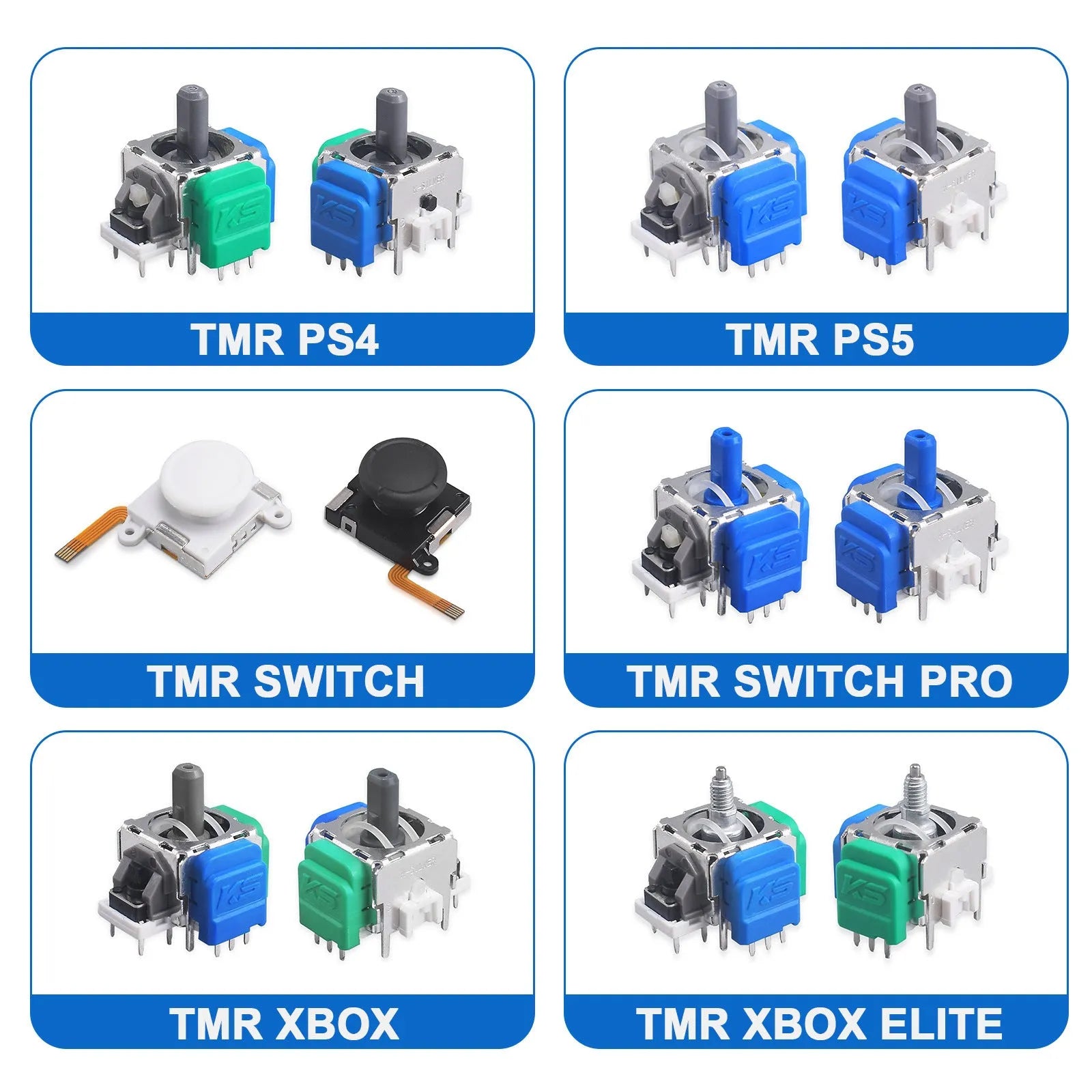 Hall-effect magnetic joystick replacement component for PS5, PS4, Xbox and Nintendo Switch controllers.
