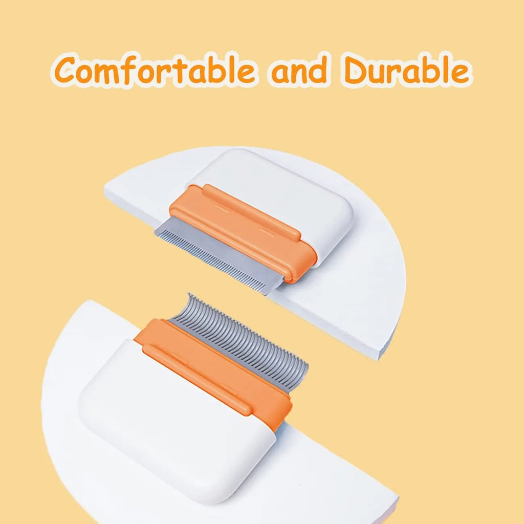 Blue double-sided pet grooming comb for deshedding and massage, shown next to a cat.