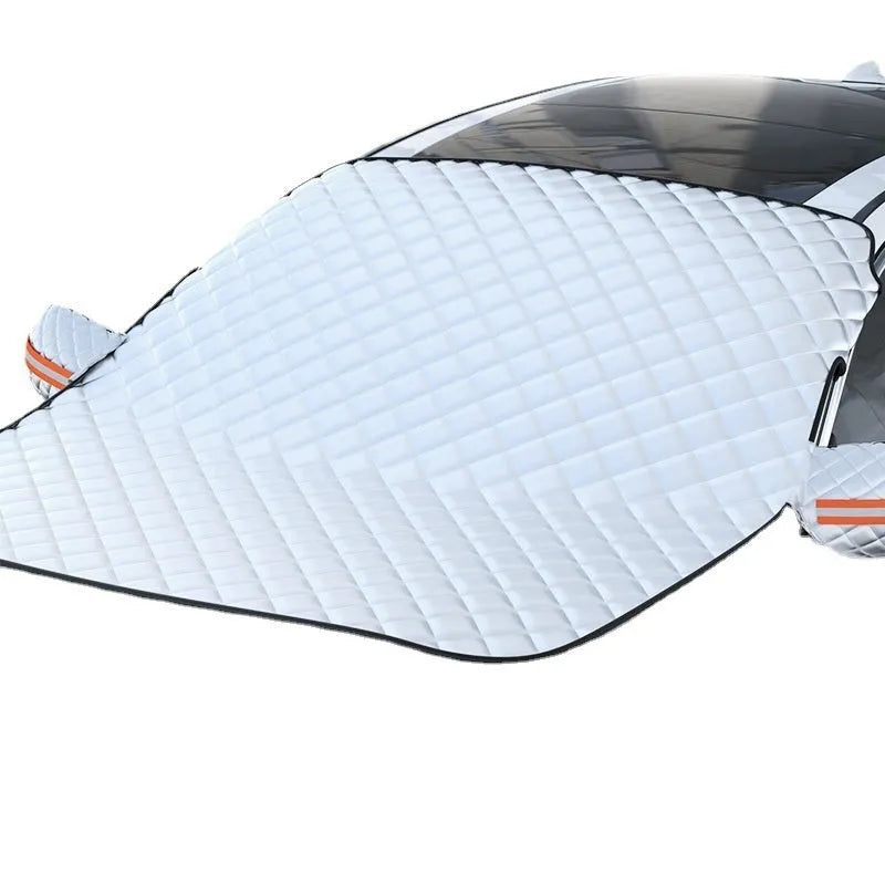 Aluminium foil car cover with reflective edge stripes and magnetic attachments for SUV windshield winter protection