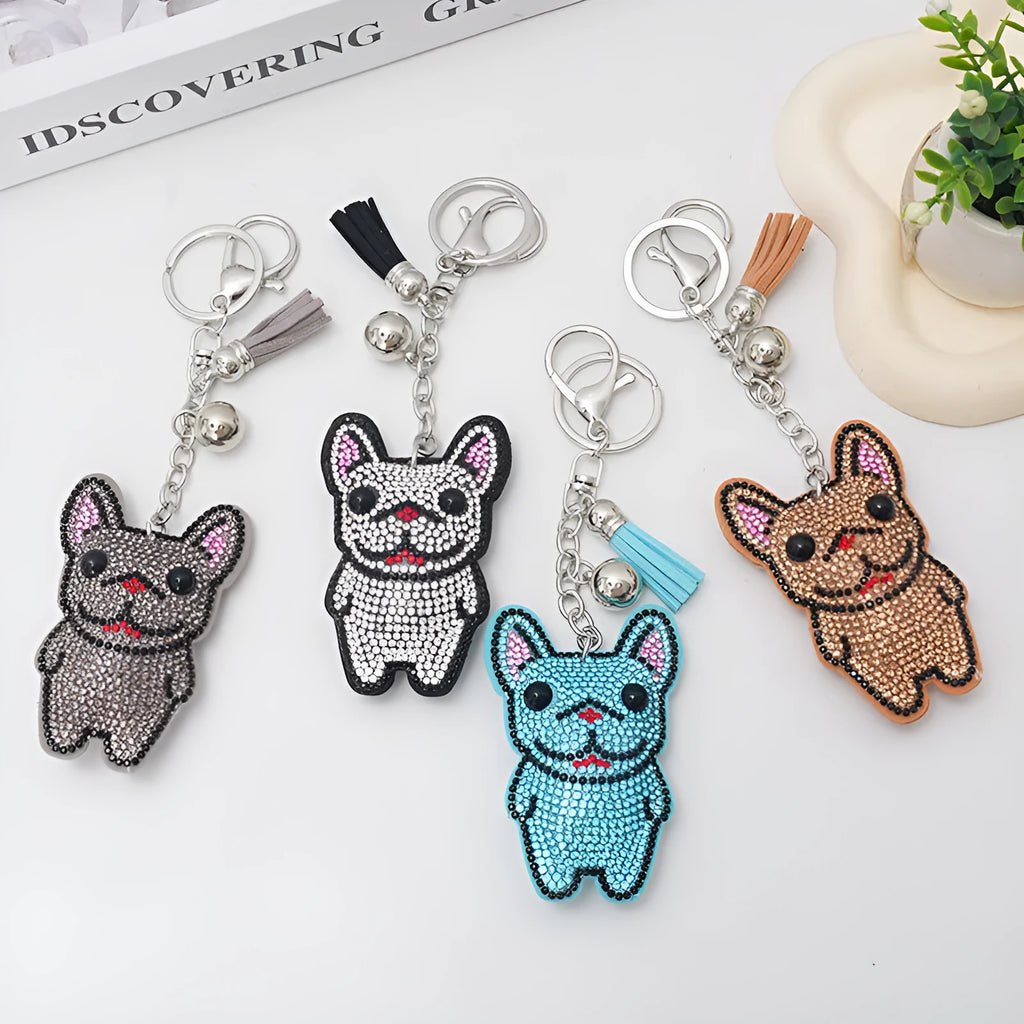 Rhinestone cartoon French bulldog keychain pendant on a diamond-shaped alloy base.