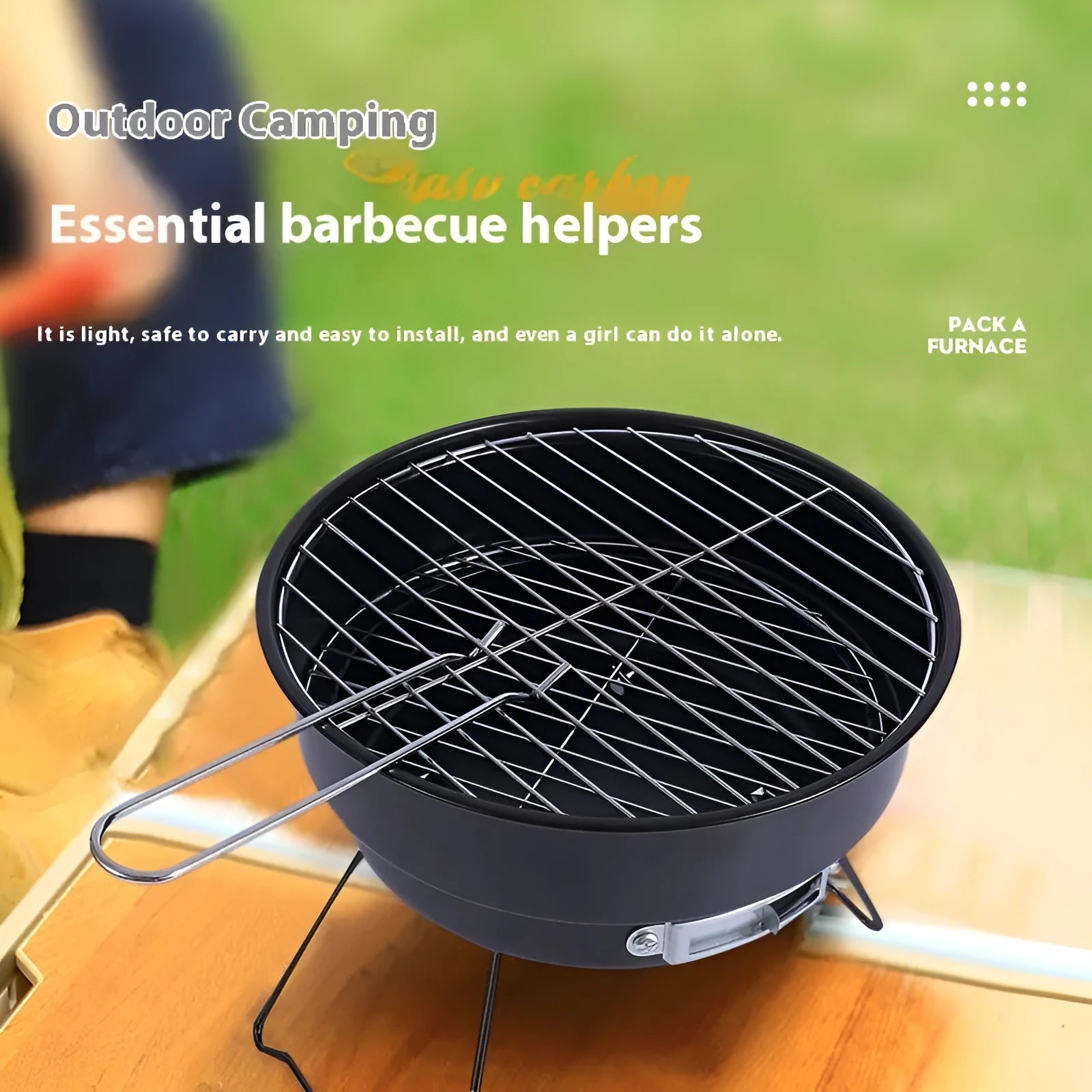 Compact round folding outdoor ice stove grill set with mesh, legs, and carry bag for 1-2 people.
