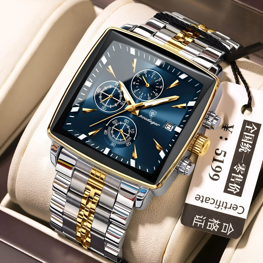 Square men's business watch with stainless steel strap and butterfly buckle on a wrist