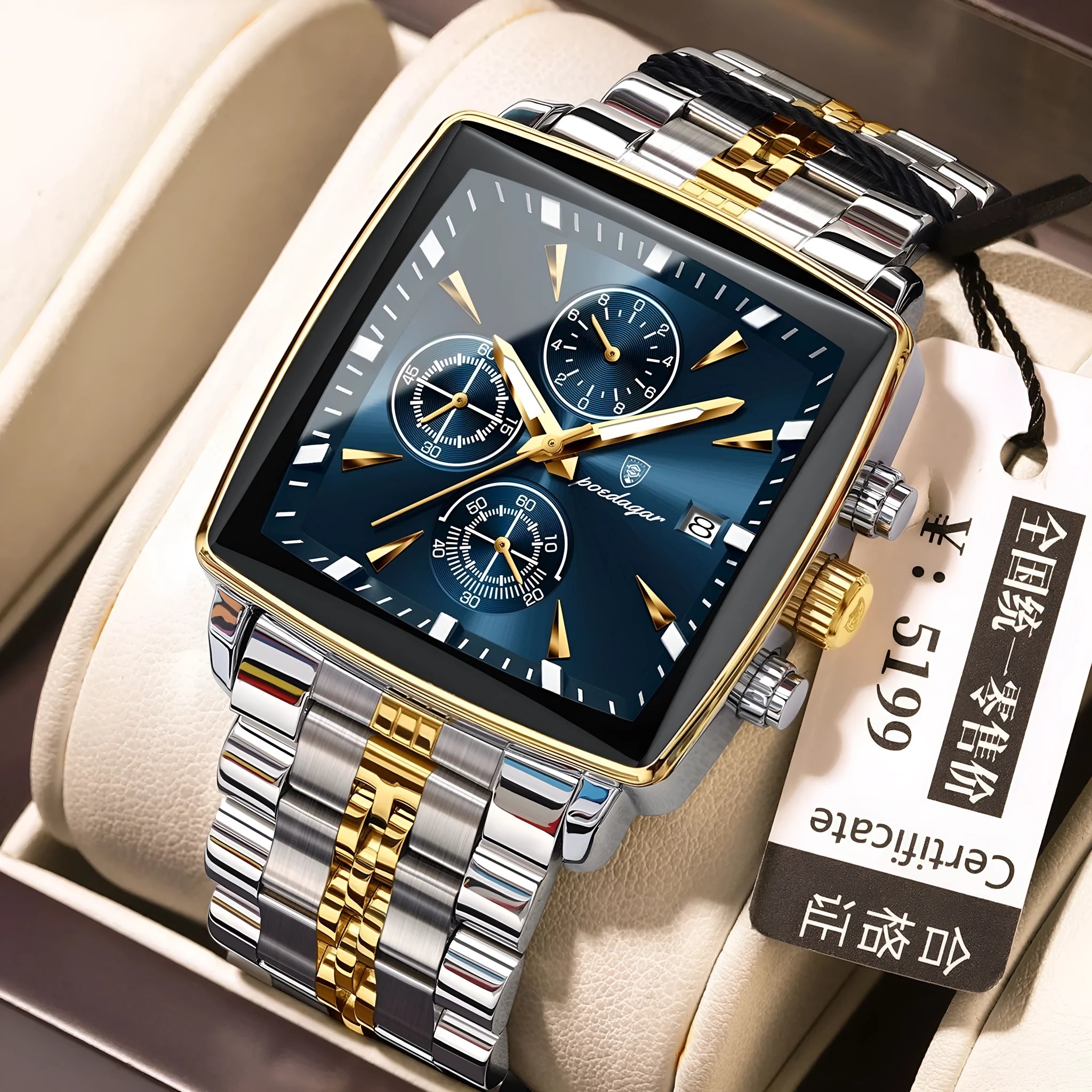 Square men's business watch with stainless steel strap and butterfly buckle on a wrist