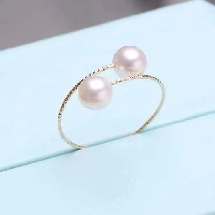 18k gold pearl elastic ring Au750 with white pearl inlay, adjustable band, women's jewellery