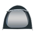 Black outdoor bicycle storage tent showing roof design and dimensions for two bikes