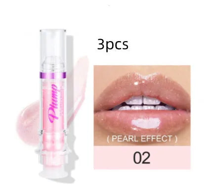 Lip gloss tube with mirror finish showing shiny application on lips