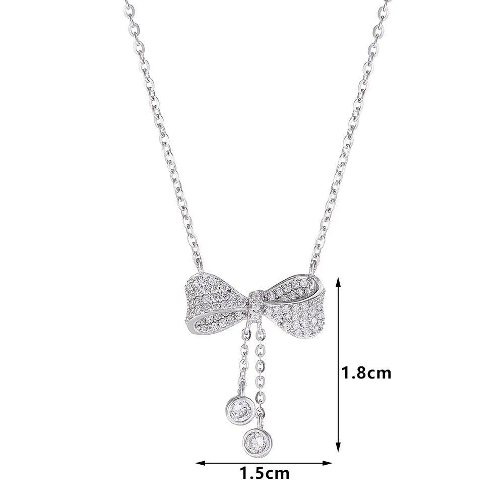 S925 sterling silver bow pendant necklace with adjustable chain for women